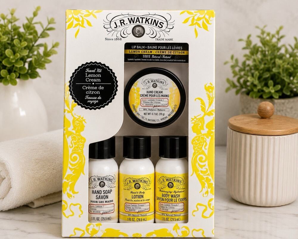 J.R. Watkins Lemon Cream Ultimate Travel Kit Gift Set Hand Lotion Soap